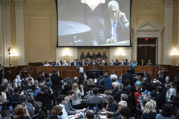 The January 6 hearing shows footage of Mike Pence at a secure location during the Capitol riots.