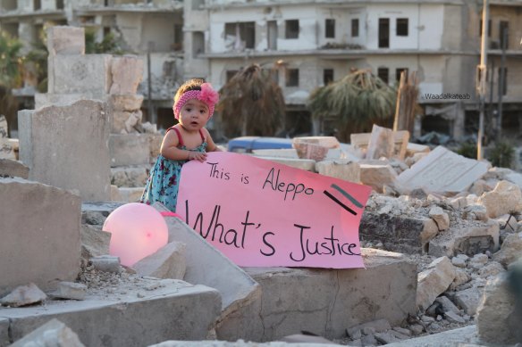 Waad al-Kateab's daughter, Sama, among the rubble.