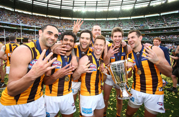 The final stage of the Hawthorn dynasty in 2015. Pictured from left: Shaun Burgoyne, Cyril Rioli, Jordan Lewis, Jarryd Roughead, Sam Mitchell, Grant Birchall, and Luke Hodge.