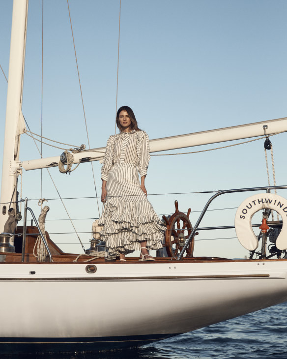 Morrison linen shirt, $349, and skirt, $599; Chanel lambskin bag with chain detail, $7670, and sandals, $1620.