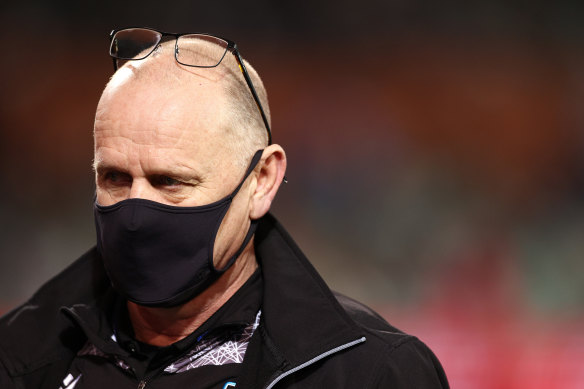 Port Adelaide coach Ken Hinkley is in health-and-safety protocols and will miss Sunday’s clash against Melbourne.