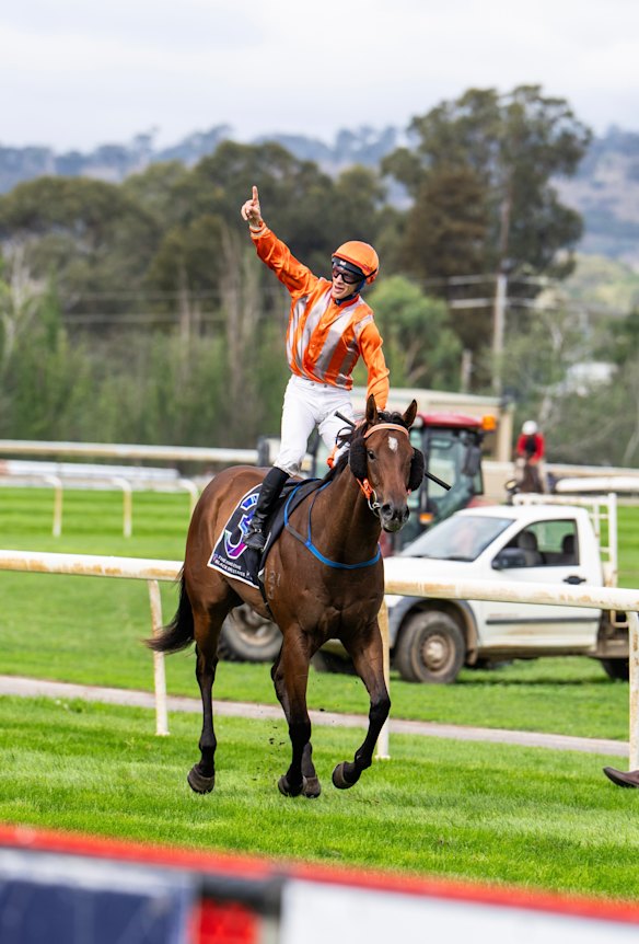 Pierre Boudvillain salutes aboard Music Time after winning the Black Opal Stakes. 