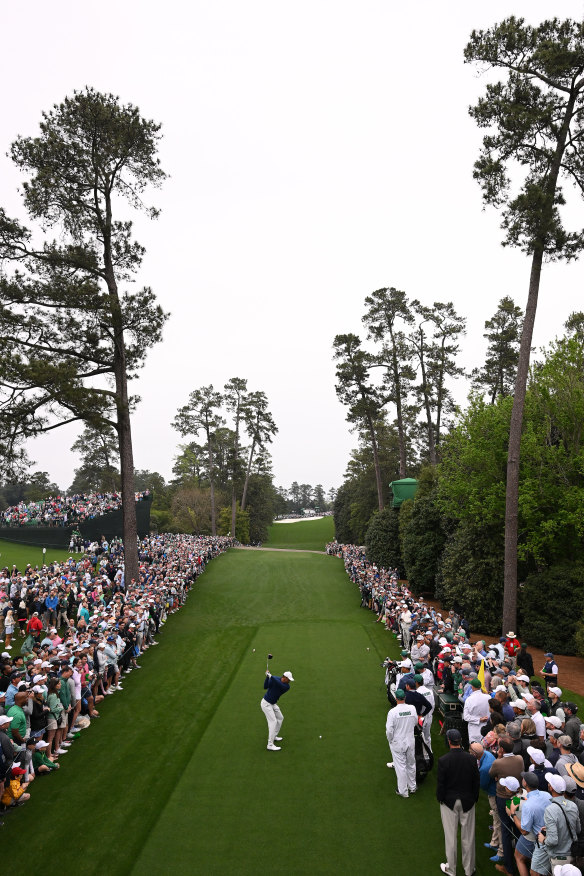 Tiger Woods launches one from the 18th tee during his Masters prep.