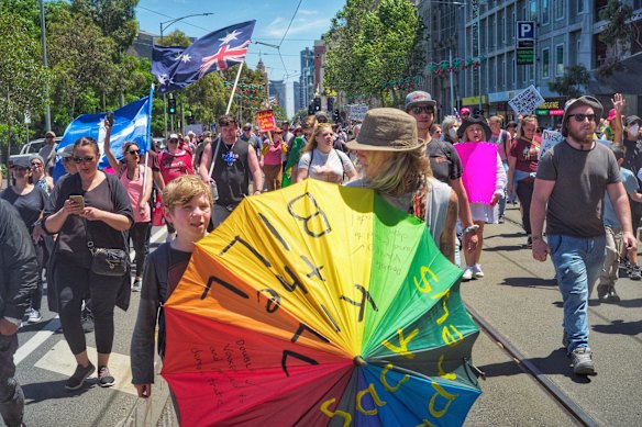 People protesting against the Pandemic Bill in Melbourne on Saturday 27 November 2021. 
