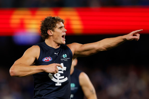 That’s the way we are heading: Charlie Curnow had three goals in an impressive first half.