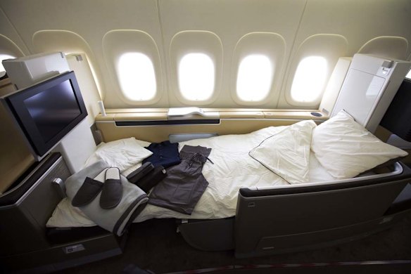 A first class berth on Lufthansa's Boeing 747-8 Intercontinental.