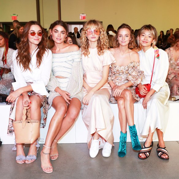 (L-R) Sydney-siders Demi Harman, Bambi Northwood Blyth, Annabella Barber, Nadia Fairfax and Yan Yan Chan FROW at Zimmermann's spring 2018 Goldentime collection at New York Fashion Week on Monday September 11, 2017.
