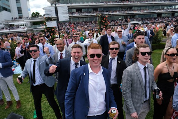 Crowds trackside at  Flemington Stakes day. 