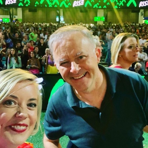 Federal Labor Leader Anthony Albanese with Linda Scott at the 2021 Sydney Gay and Lesbian Mardi Gras.
