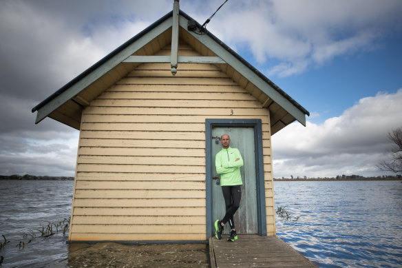 Fourt-time Olympian Steve Moneghetti takes a break during a training run in Ballarat.