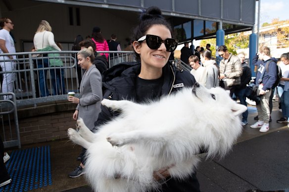 Manon Pietra leaves the polling booth at Double Bay Public School in Sydney.