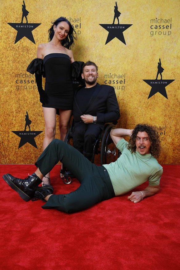 Chantelle Otten, Dylan Alcott and Adam Hyde attend the Melbourne premiere Hamilton at Her Majesty's Theatre on March 24, 2022 in Melbourne, Australia.