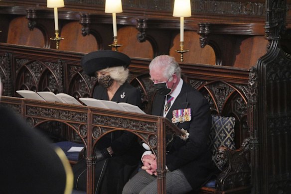 Prince Charles and Camilla, Duchess of Cornwall, look on during the funeral.