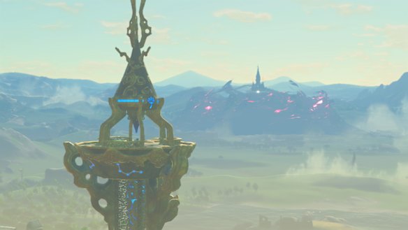 These towers, dotted around the world, fill your map with new details. In the background, the calamity Ganon draws power.