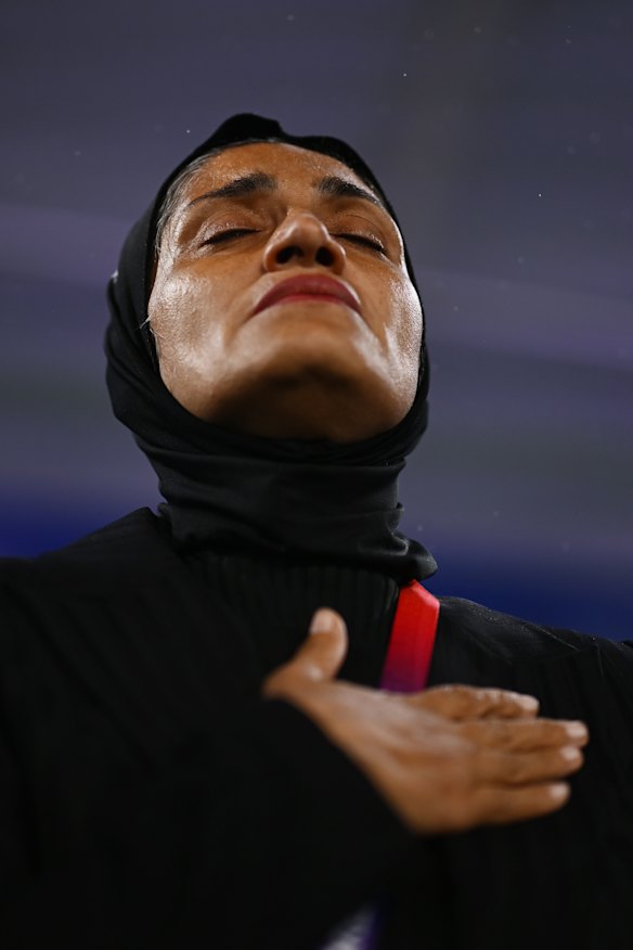 Iran head coach Marziyeh Jafaribaravati during the national anthem at the Gold Coast Stadium on Thursday.