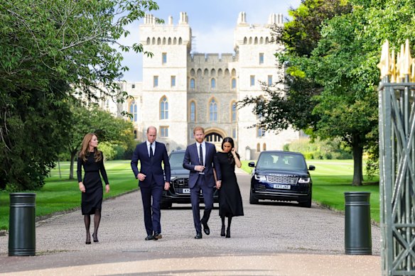 Catherine, Princess of Wales, Prince William, Prince of Wales, Prince Harry, Duke of Sussex, and Meghan, Duchess of Sussex on the long walk at Windsor Castle.