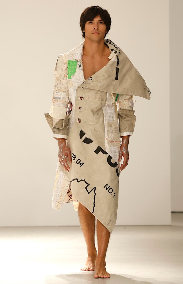 Artist Remy Faint on the runway for Iordanes Spyridon Gogos’ show at Australian Fashion Week.