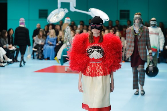 A model wears a creation as part of the Gucci women's Fall/Winter 2018-2019 collection.