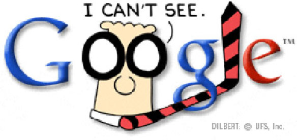 Google search engine logo with Dilbert series 'I can't see Google'.