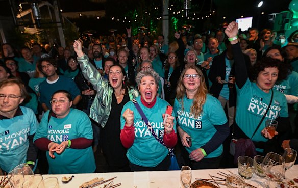 Supporters of "teal" independent Monique Ryan react to the results in Melbourne. She is taking on federal treasurer and Liberal MP Josh Frydenberg in Kooyong.