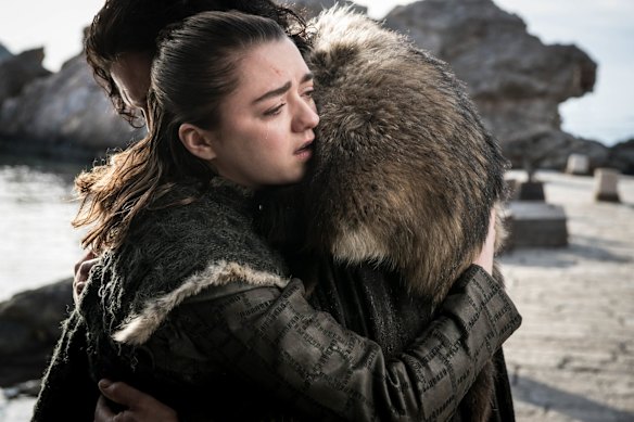 Arya Stark and Jon Snow embrace in their final moments together.