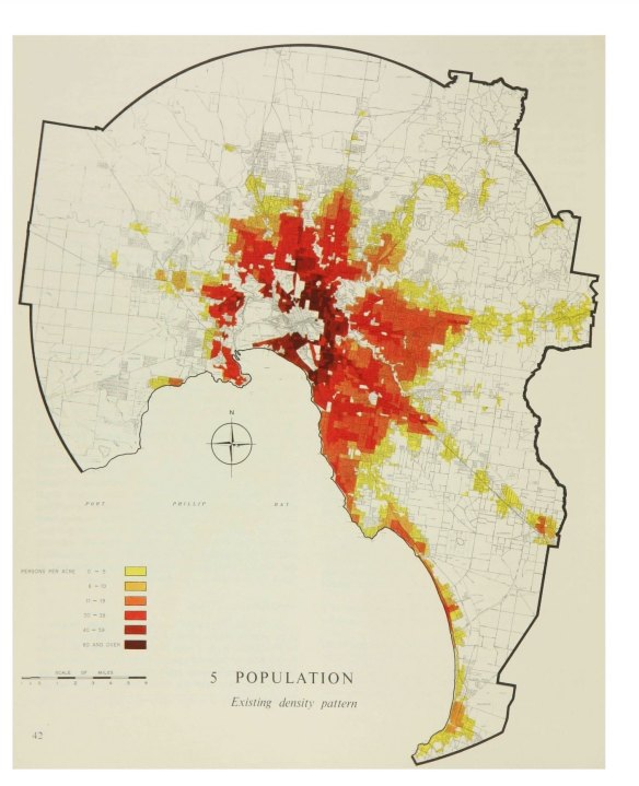 A map showing the extent of the population sprawl in Greater Melbourne in 1954.