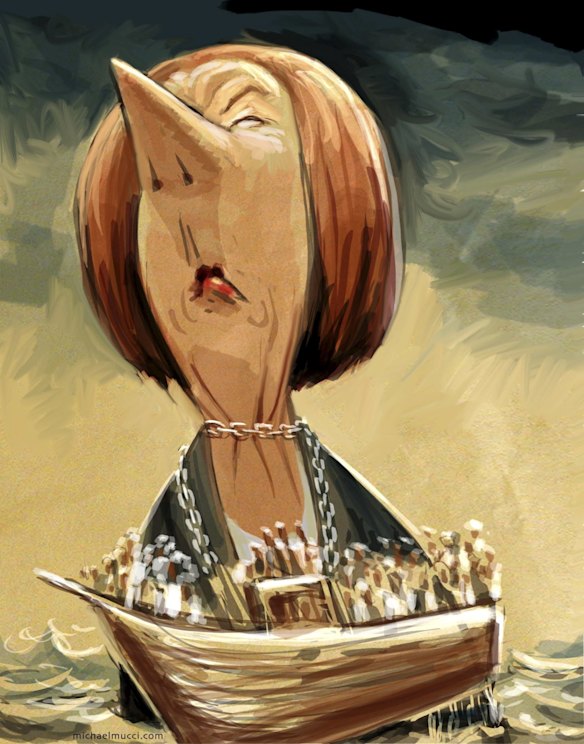 "Asylum Seeker Burden," an illustration picturing Julia Gillard with a ship chained around her neck. 