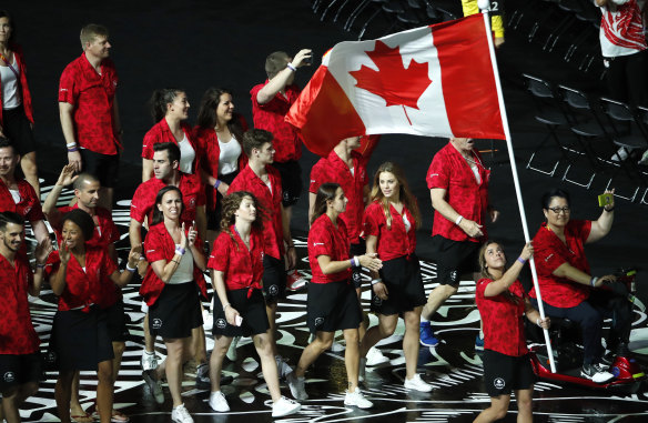The Canadian team enters the opening ceremony for the 2018 Commonwealth Games on the Gold Coast, Australia, Wednesday, April 4, 2018.