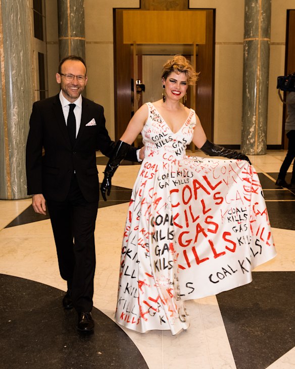 Adam Bandt with his wife, Claudia Perkins, a Labor staffer turned mental health nurse, at the Midwinter Ball at Parliament House in 2022.