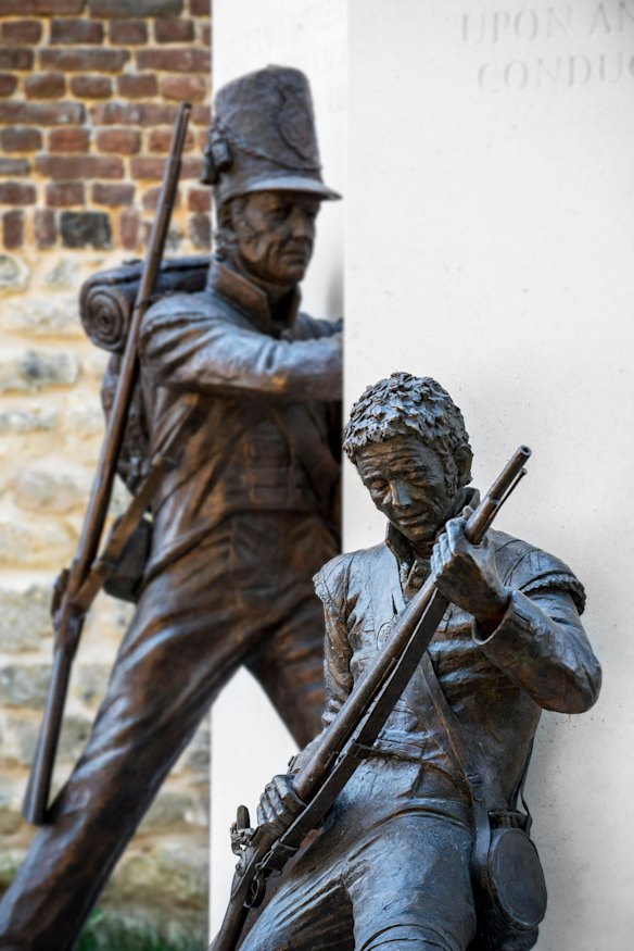 Memorial with soldiers by Vivien Mallock at the Chateau de Hougoumont, where British soldiers faced Napoleon's Army at Waterloo.