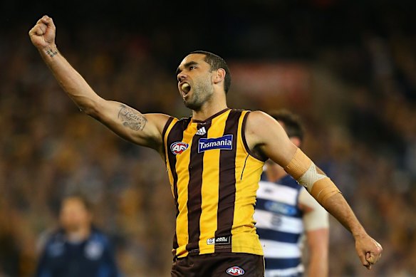 2013 Shaun Burgoyne of the Hawks celebrates kicking a goal during the preliminary final against Geelong.