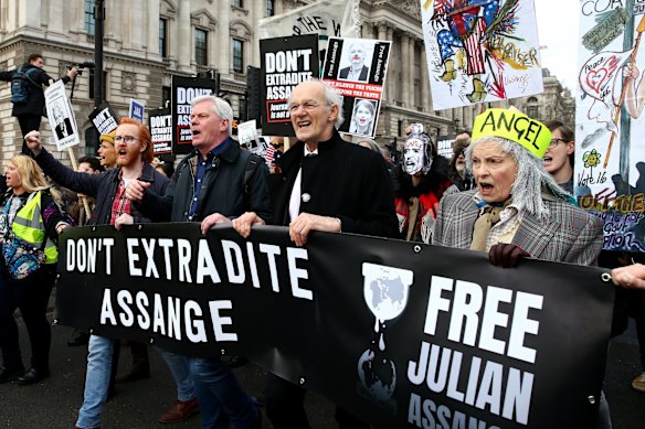 Wikileaks editor-in-chief Kristinn Hrafnsson, Julian Assange's father, John Shipton, and fashion designer, Vivienne Westwood, march together on February 22, 2020 in London, England. Protestors against the UK government's intention to extradite WikiLeaks founder Julian Assange to the United States, marched from Australia House to Parliament Square. 