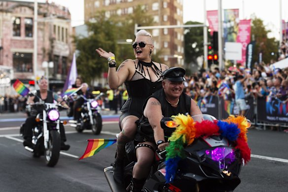 The Dykes on Bikes mark the start of the parade. Photo: James Brickwood