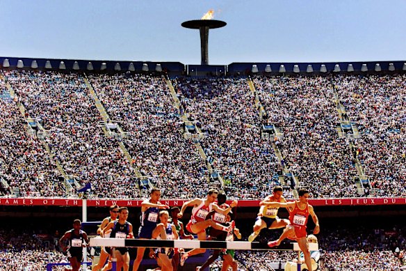Competitors in the Mens 3000m steeplechase at the Olympic Stadium in Sydney 2000.
