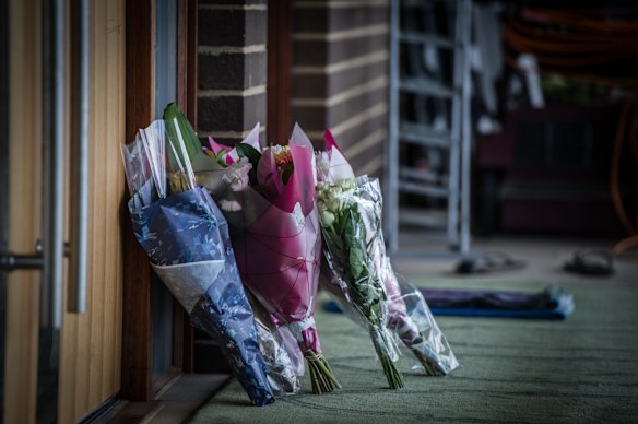 Bunches of flowers left in sympathy at the door of the Gungahlin Mosque after the New Zealand shootings.