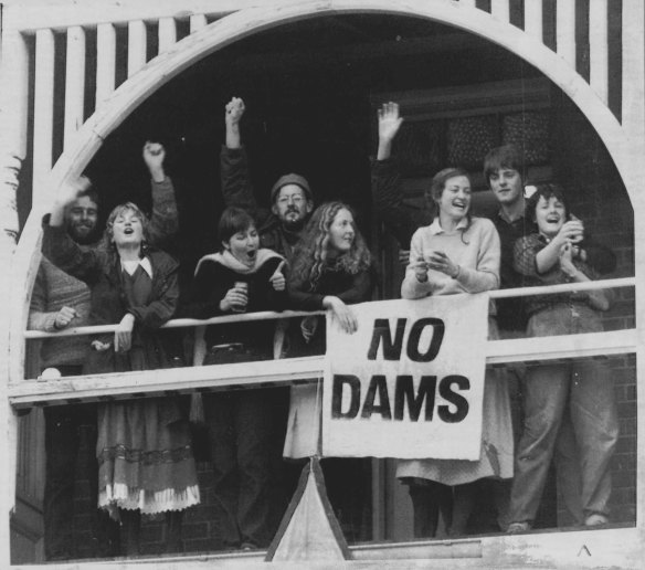 Members of Tasmanian Wilderness Society celebrate High Court decision at their Hobart head quarters. July 1, 1983.