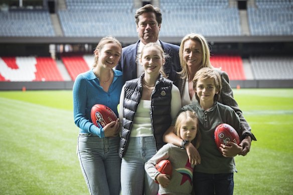 AFL CEO Gillon McLachlan announced he will be stepping down from the role at the 2022 season end. Seen at  aphoto opportunity at Marvel Stadium with wife Laura and children - Edie,14, Cleo, 12, Sidney, 8 and Luna 5. 