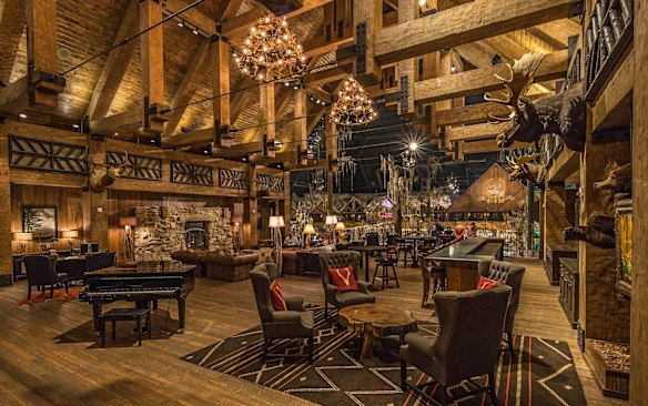 The interior of the hotel has the feel of a hunting lodge.