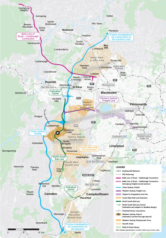 The previous plan released by the state government, with the Bells Line of Road indicated in pink. 