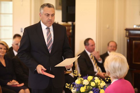 Joe Hockey is sworn in as Treasurer by Governor-General Quentin Bryce at Government House in Canberra.