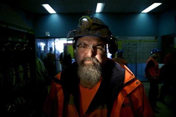 Springvale mine worker John Tilley in the lamp room at the completion of his shift.
