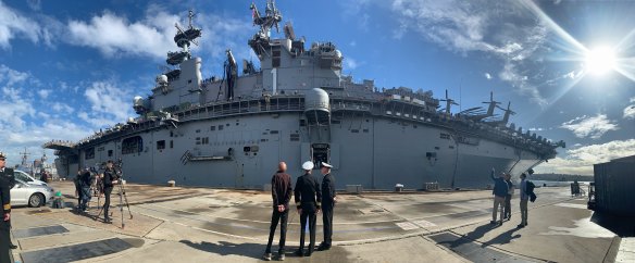 Panorama of USS Wasp as she docks at Garden Island in Sydney.