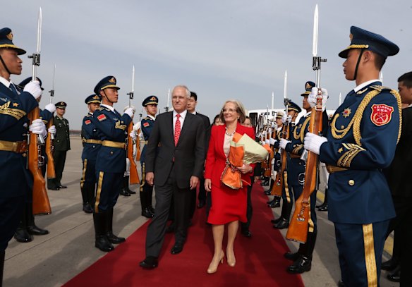 Prime Minister Malcolm Turnbull and Lucy Turnbull arrive in Beijing China on Thursday 14 April 2016.