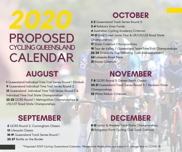Cycling Queensland's proposed amended 2020 events calendar post-COVID.