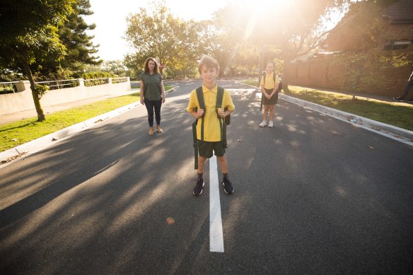 Caroline Baird (left) and her children Jack, 7, and Hannah, 9, have just been zoned to their third closest state secondary school.