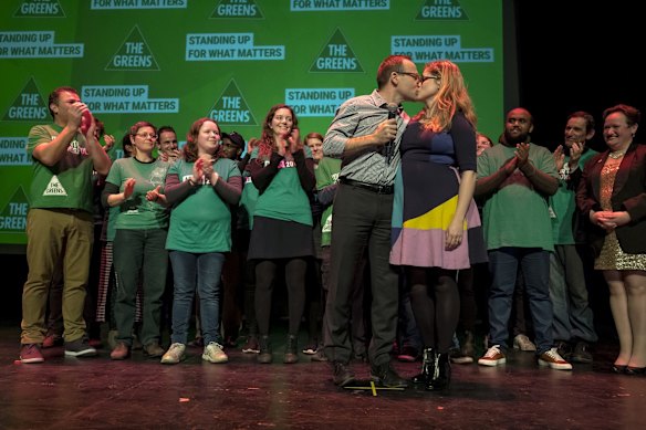 Federal Member for Melbourne Adam Bandt  with wife after addressing supporters during a election party in Melbourne, Australia.  