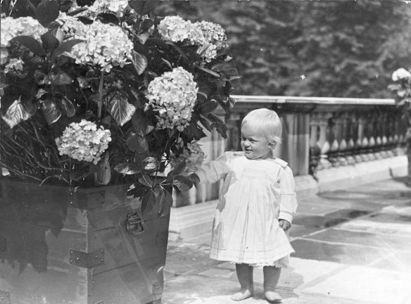In July 1922, aged one-year-old, showing an interest in things floral.  