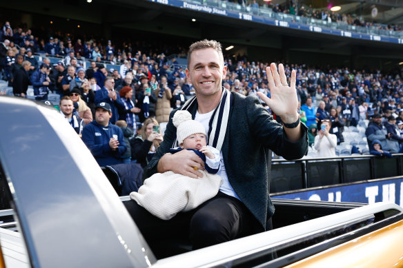 Happy days: Joel Selwood is given a fitting farewell by Geelong supporters at GMHBA Stadium.