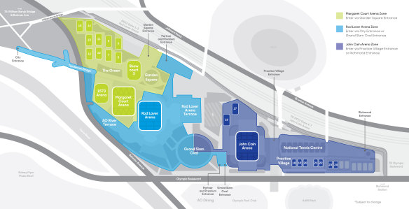 How the Melbourne Park precinct has been split into three different 'zones'.