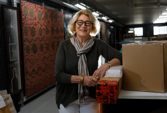Janet Holmes a Court, pictured in 2017, in the packing room where her art collection is stored in Perth.